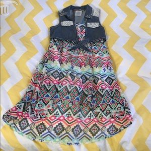 Girls hi low summer dress with denim top attached.